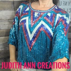 Judith Ann Creations vintage turquoise/blue sequin long sleeve blouse top sz L